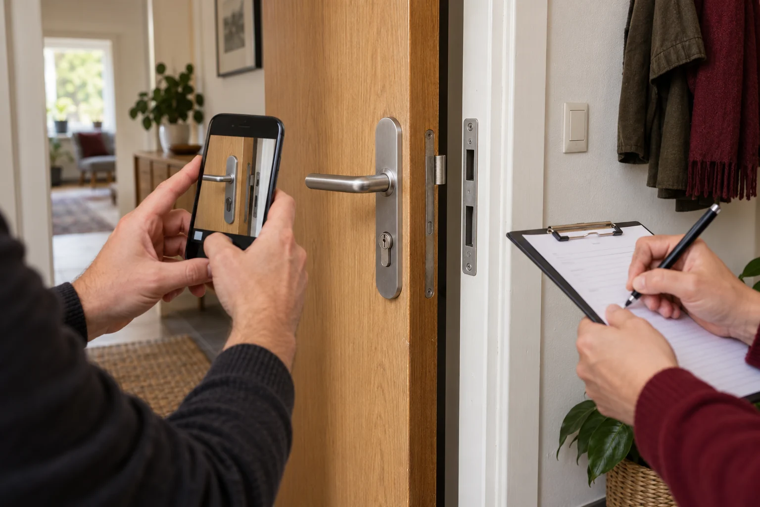 Illustration de la serrure d'une porte ouverte photographiée pendant une prise de notes sur son état