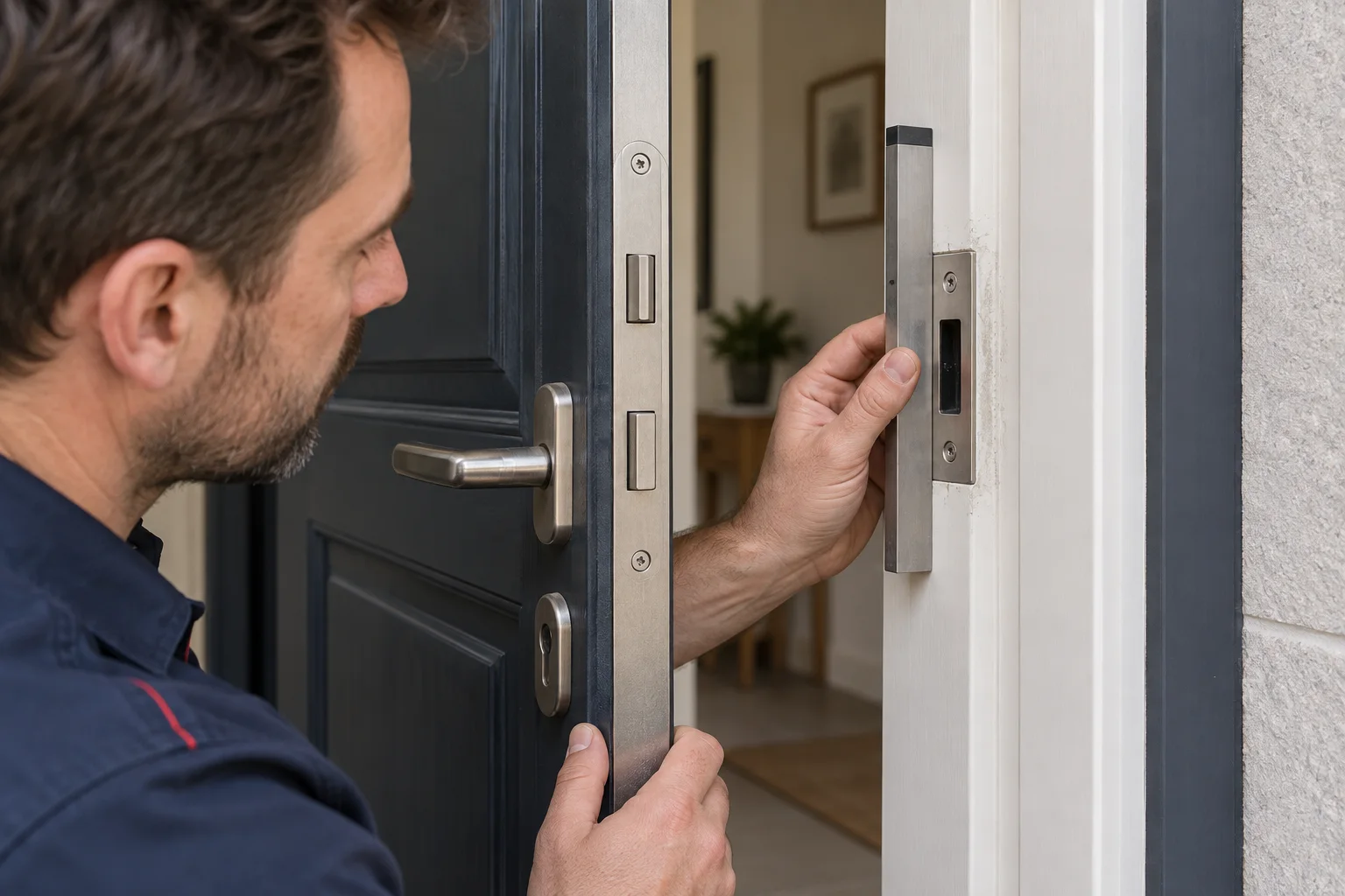 Illustration d’un serrurier contrôlant la gâche et le dormant d’une porte d’entrée ouverte avec une règle