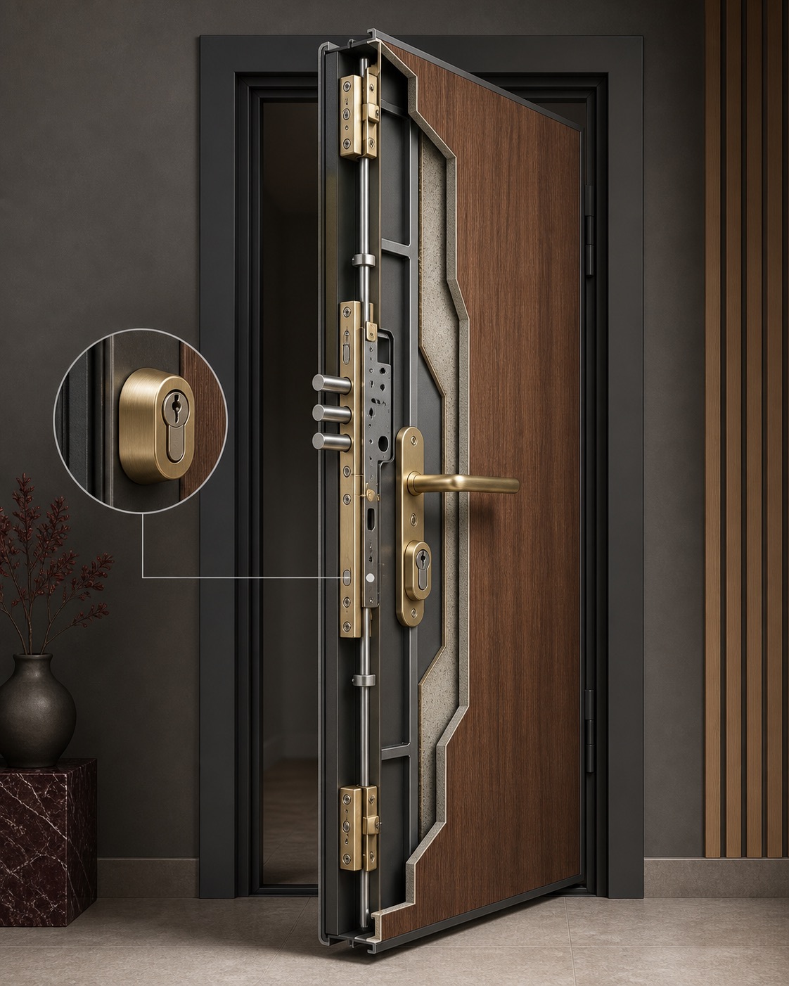 Illustration en coupe d’une porte renforcée avec serrure multipoints