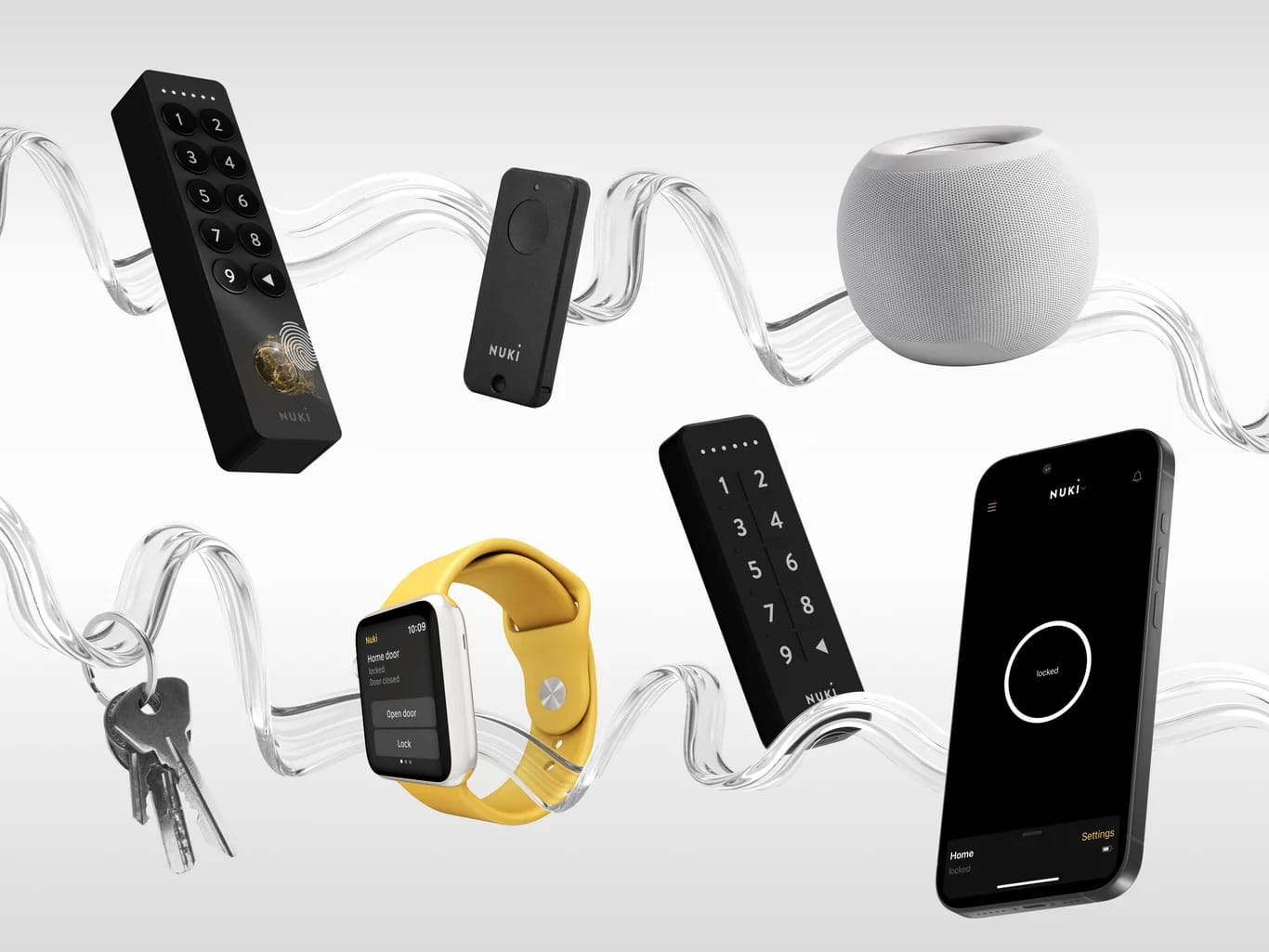 Nuki ecosystem: keypad, fob, smartphone app, Apple Watch, HomePod