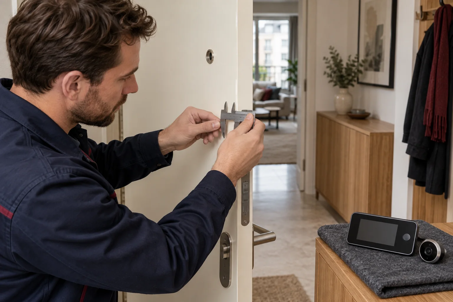 Illustratie van het meten van een deur vóór installatie van een digitale deurspion, met scherm ernaast