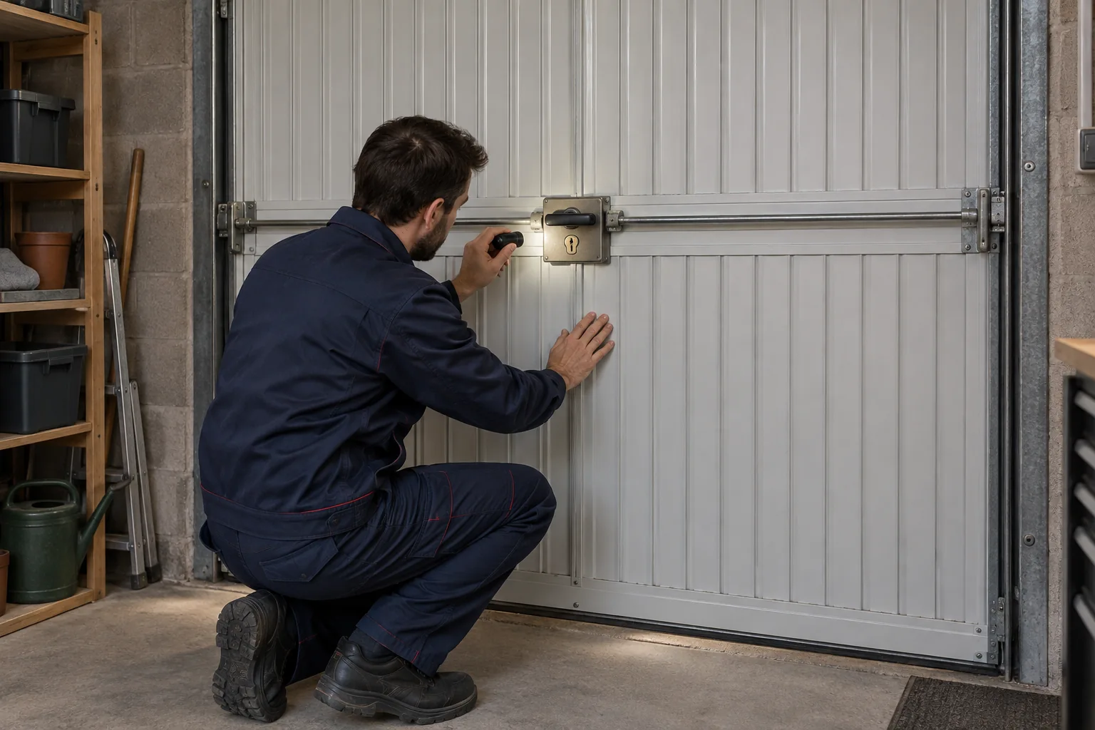 Illustration du contrôle du verrou mécanique et de sa tringle sur une porte de garage fermée